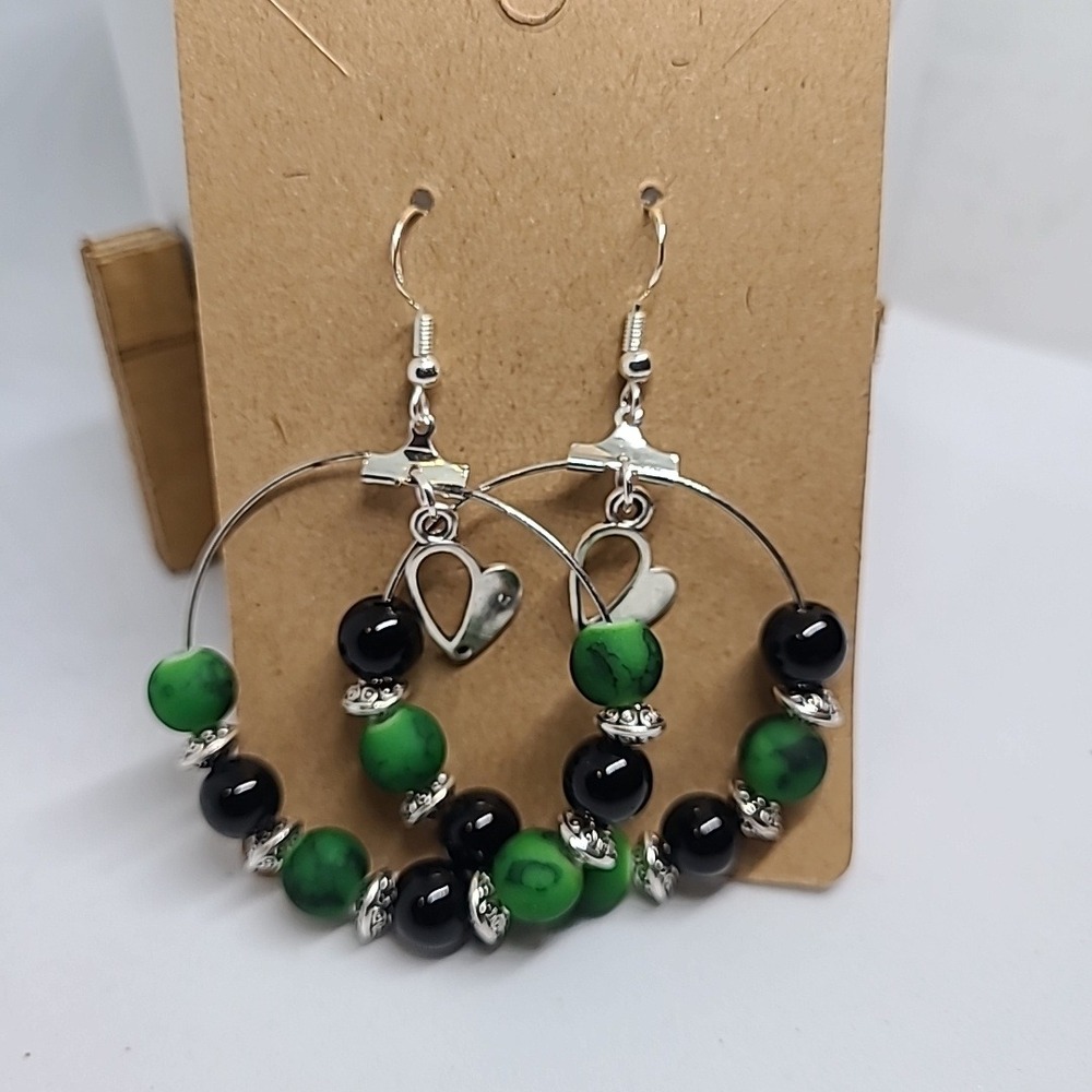 Handmade Beaded Hoop Earrings Green Black Heart Charm Dangle Earrings NEW Ladies